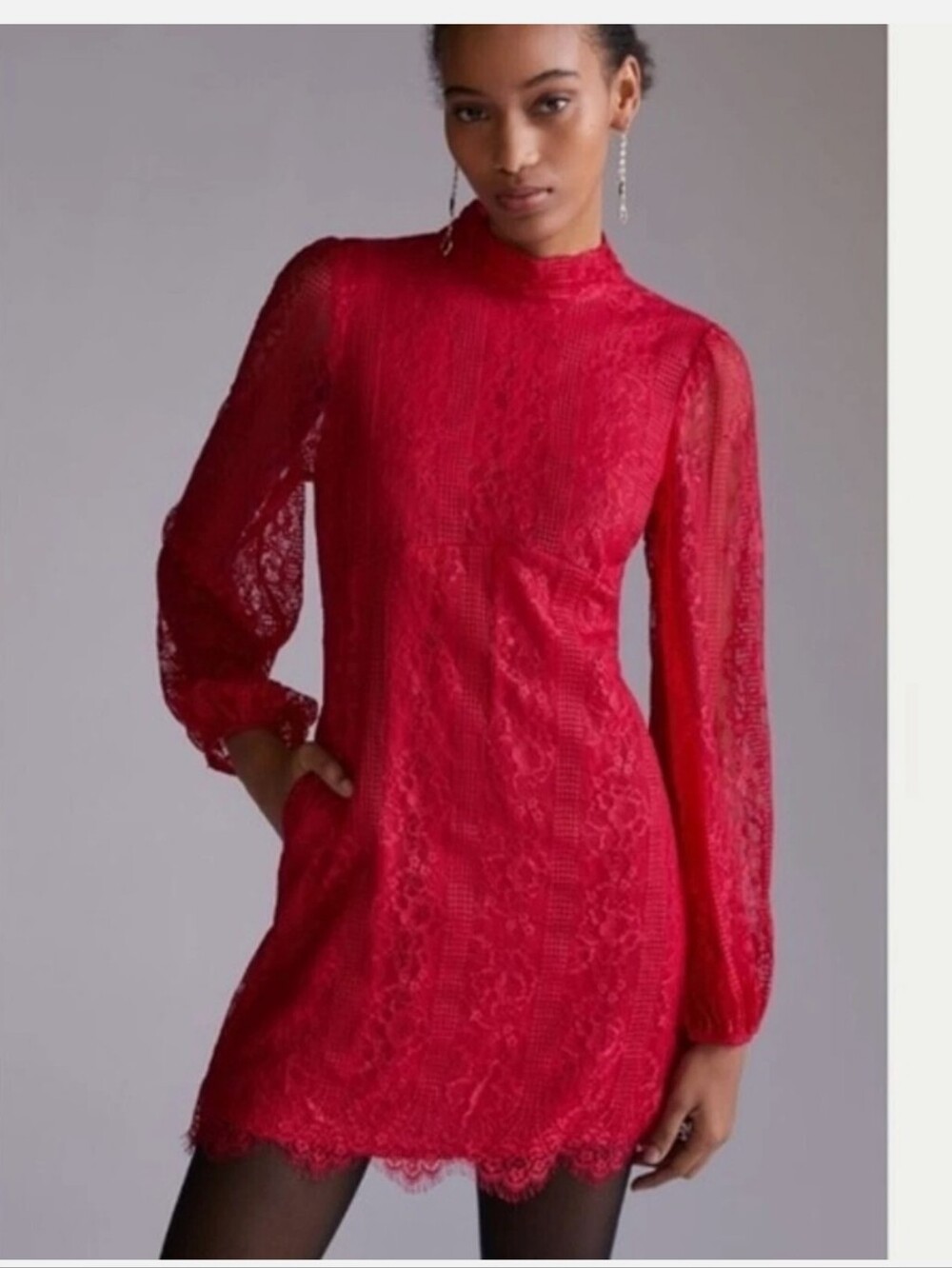 Anthropologie Red Lace Long-Sleeve Mini Dress
